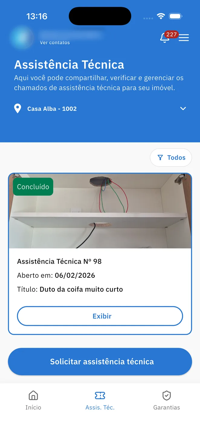 Assistência técnica no app: chamado com foto do defeito, aberto e acompanhado pelo cliente