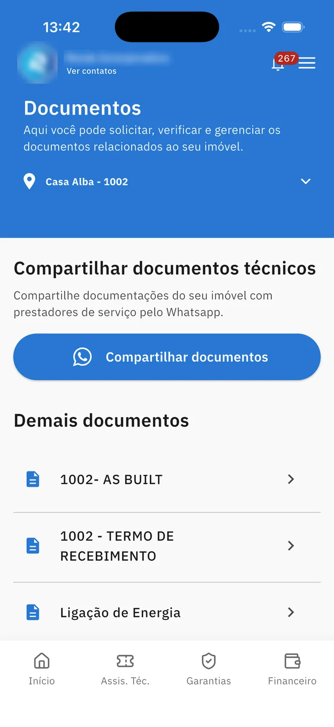 Lista de documentos do imóvel no app: as built, termo de recebimento e ligação de energia