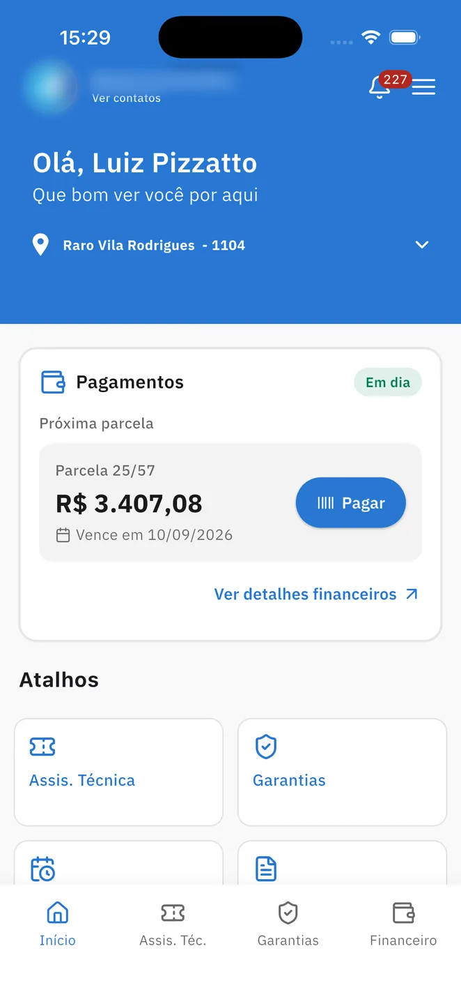 Home do app com card de pagamentos: próxima parcela e botão pagar