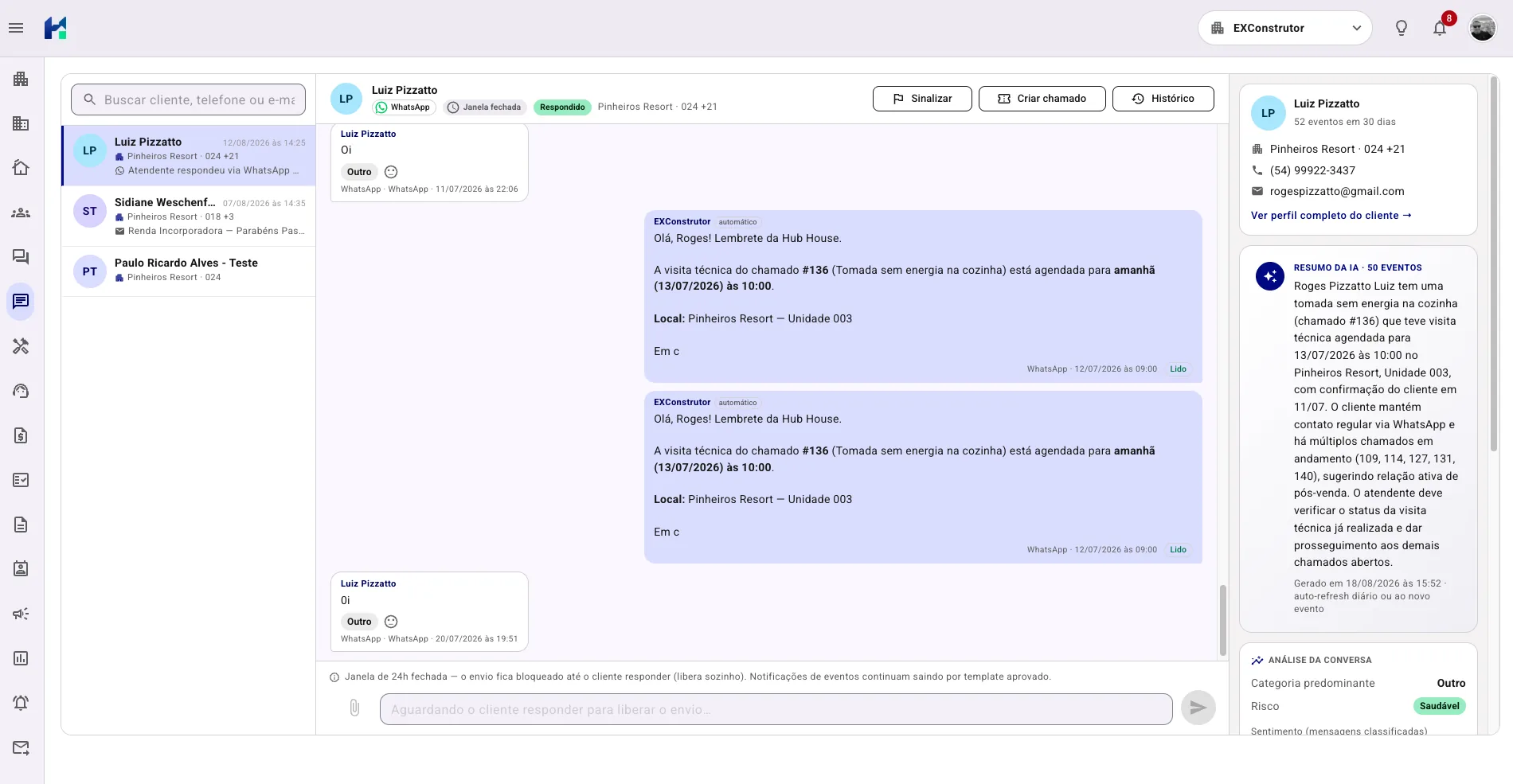 Inbox do Portal: conversa de WhatsApp com o cliente, resumo gerado por IA e análise de sentimento
